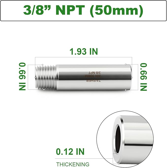 TAISHER 2PCS 304 Stainless Steel Pipe Fittings, 3/8" NPT Male Threaded, 2" Length Weld Nipple Cast Pipe