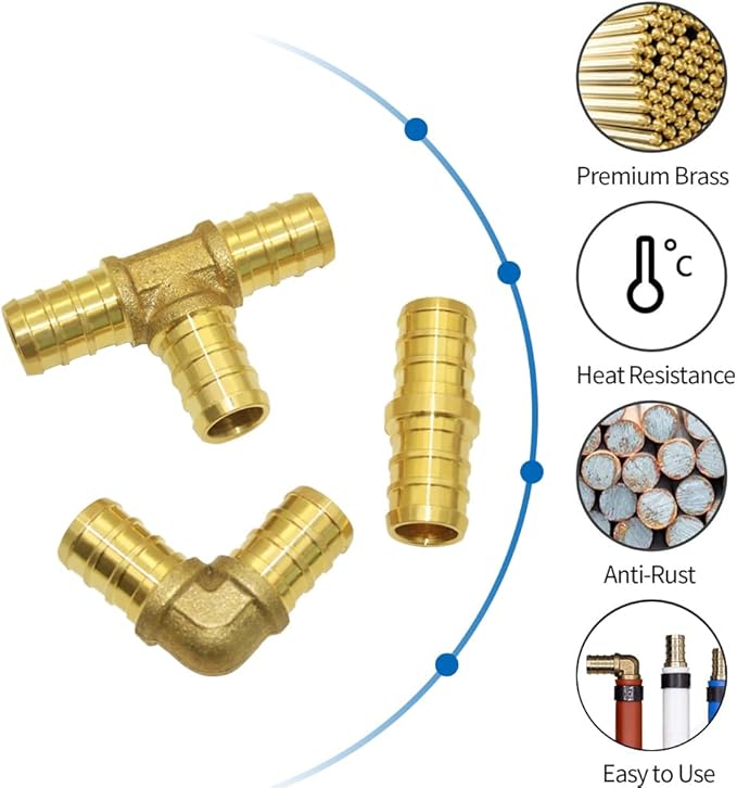 Hooshing 18PCS PEX Fittings Combo 1/2 inch, PEX Coupling (8PCS) 90 Degree Elbow (6PCS) Tee (4PCS) Brass Barb Crimp Fitting