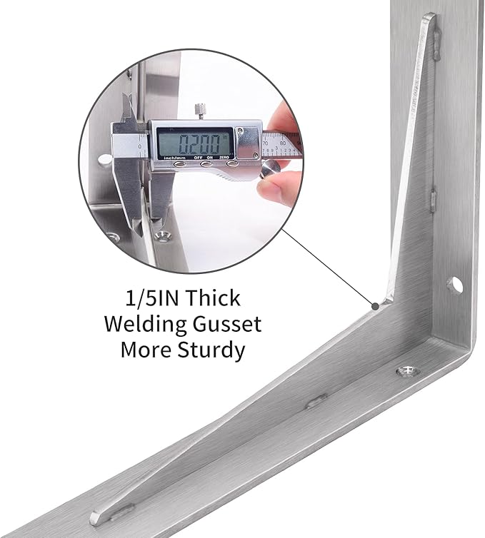 YUMORE Shelf Bracket Heavy Duty 14x8x2 in, 1/5IN Extra Thick Solid L Brackets Stainless Steel Countertop Bar Top Support Brackets Wall Mounted, Includes Hardware, 2 Pack
