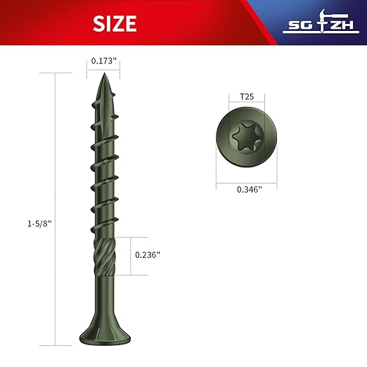 #8 x 1-5/8" Deck Screws (138Pcs) 1lb. Carbon Steel, Green, Flat Head, Rust Resistant epoxy Coated, with T25 Star Bit