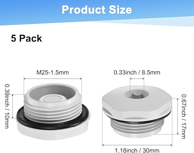 5-Pack Inner Hex Head Pipe Plug End Cap, M25x1.5mm Nylon Garden Hose Stopper Connector Plug with Sealing Ring for Terminating Pipe Ends [White]