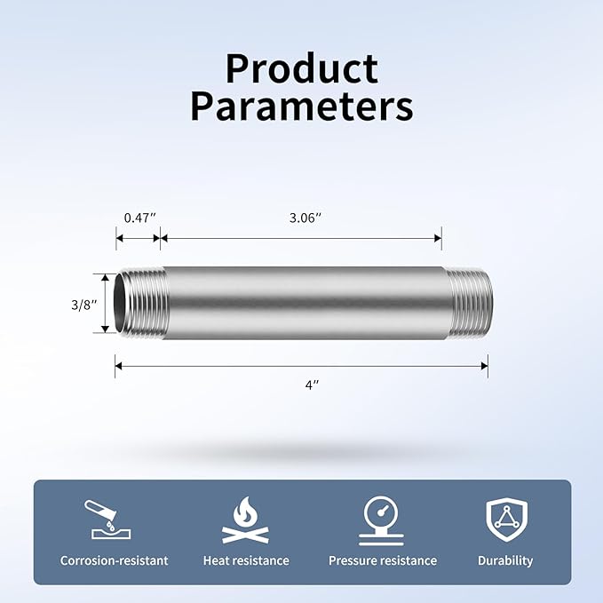 3/8"x4" 304 Stainless Steel Pipe, 3/8" NPT x 3/8" NPT Male Threaded Nipple, SCH40 Heavy Duty Pre-Cut Steel Pipe for Plumbing Gas, Hydraulic, and Industrial Applications(4",4 Piece)
