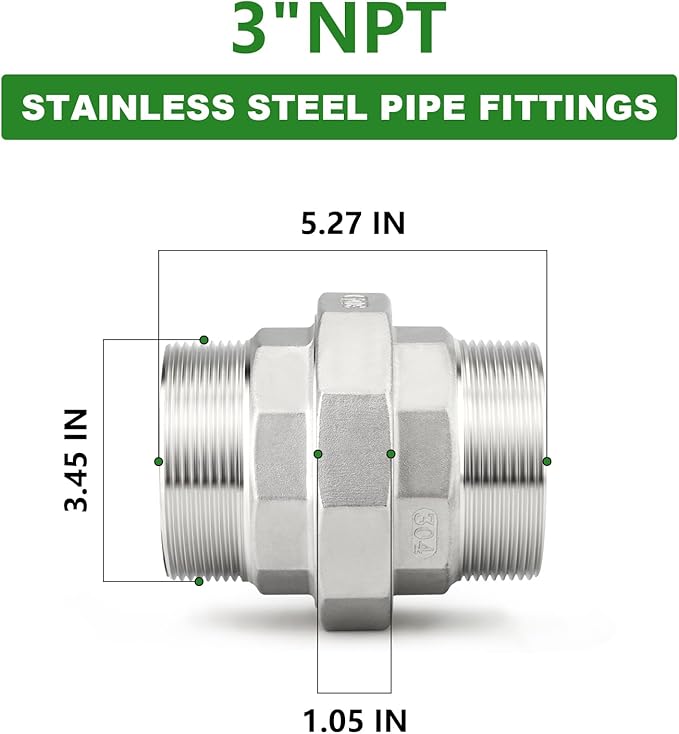 TAISHER 1PCS 304 Stainless Steel Union，3" NPT Male x 3" NPT Male Cast Pipe Fitting