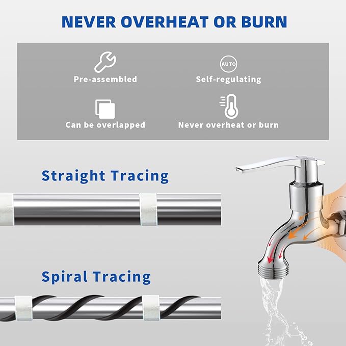 25 FT Pipe Heat Cable for Water Pipe Freeze Protection, Prevent Freezing & Easy Installation, Water Pipe Heat Cable With Thermostat Self-Regulating, Pipe Heating Trace System 120 V