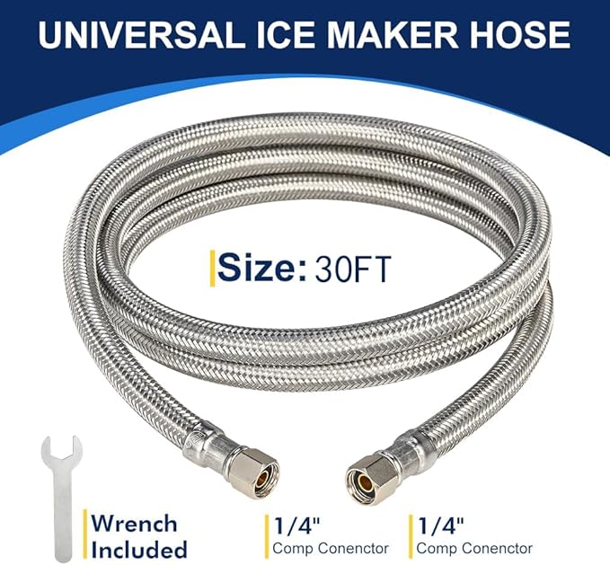 30ft Ice Maker Water Line Stainless Steel Braided – Flexible Refrigerator Water Supply Tube with 1/4" Quick Connect Fitting, Universal Fit