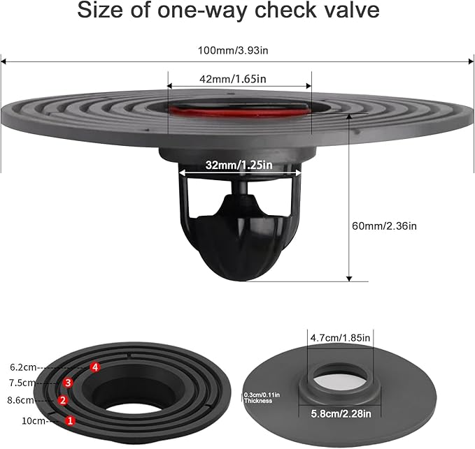 Shower Floor Drain Backflow Preventer Large Caliber Variable Diameter Sealing Gasket One Way Drain Valve Fast Drainage Shower Plug Insert Drain Plug，Suitable for Caliber 1.46"-3.9"