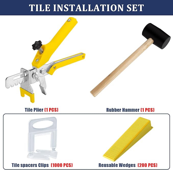 Tile Leveling System with Tile Plier and Rubber Mallet, 1000 Piece Tile Spacers Clips and 200 Piece Reusable Wedges, Tile Leveler Tool Set for Tile and Stone Installation (1/8 Inch)
