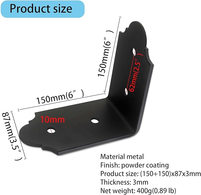 4Packs 90 Degree Angle Bracket Large L Brackets , 6" Heavy Duty Connector Brace, Building Products Decorative Knee Braces Angle Brackets for Wood DIY L Shelf Braces