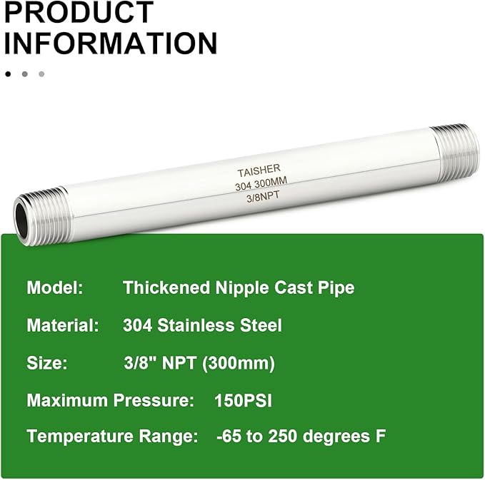 TAISHER 2PCS Stainless Steel Pipe Fittings, 3/8" NPT Male x 3/8" NPT Male Threaded, 12" Length Thickened Nipple Cast Pipe