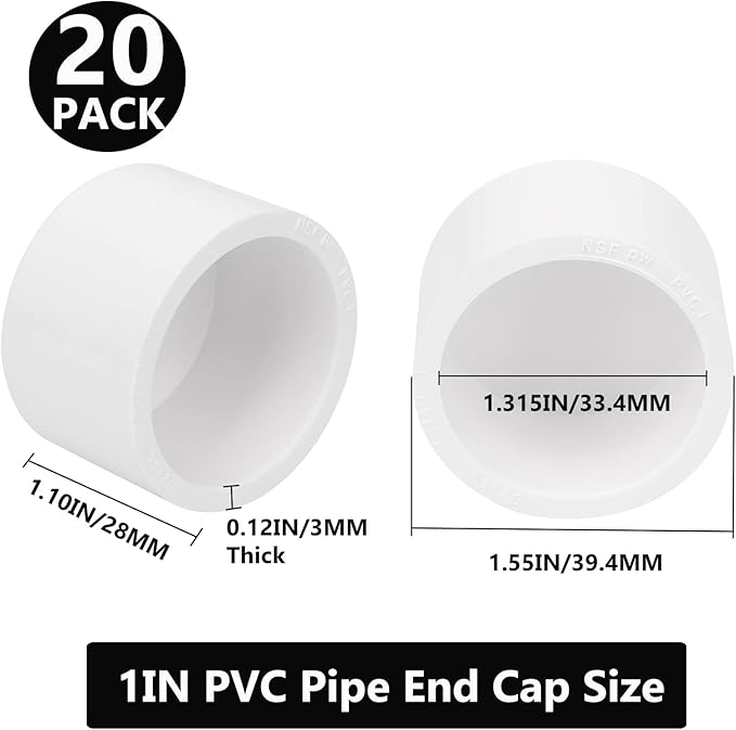 20Pack 1"PVC Pipe End Cap Fitting Schedule 40 Furniture Grade 1" PVC Pipe Plug Adapter for Build Furniture DIY Garden Shelf, White