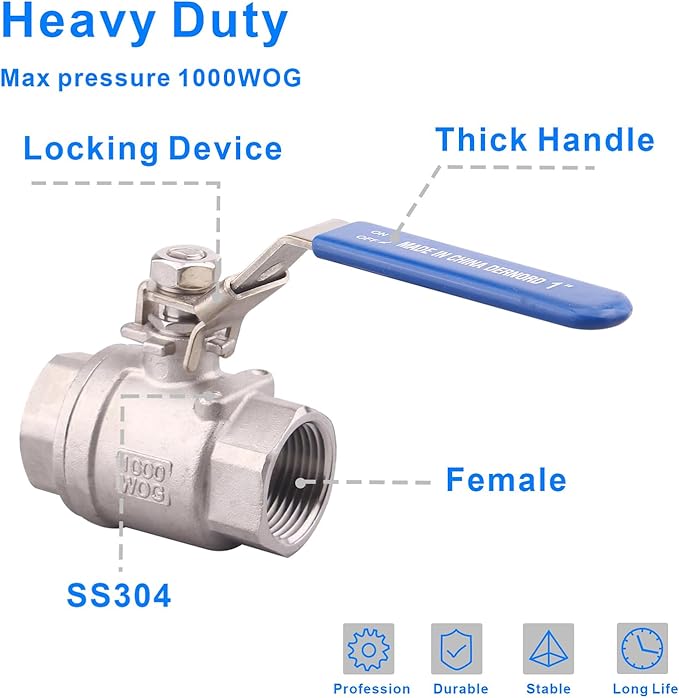DERNORD 2 Pack Stainless Steel 304 Ball Valve, Full Port Heavy Duty for WOG with Locking Device (1" NPT)