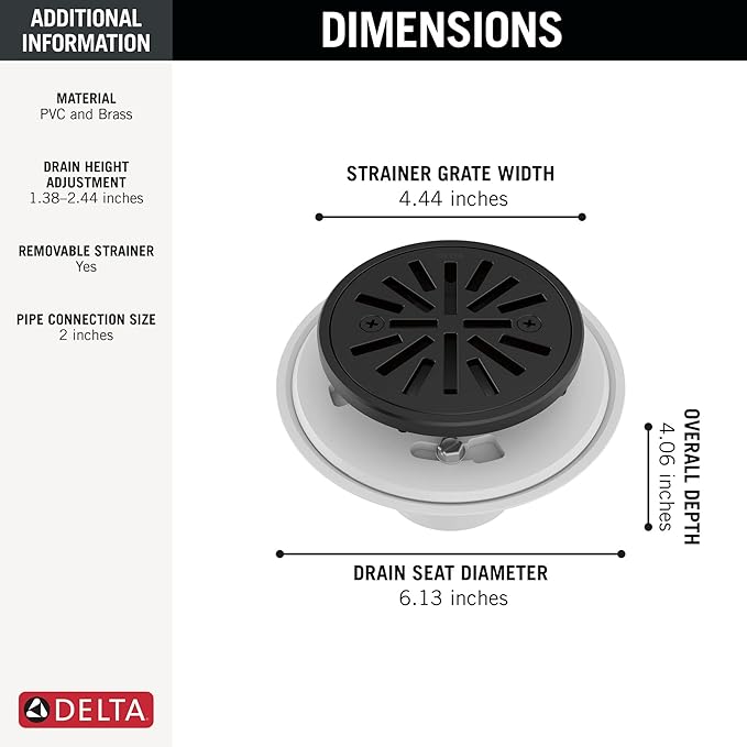 Delta 4 Inch Matte Black Tile-In Round Shower Floor Drain with Gasket and Removable Drain Gate, Matte Black DT061411-BL