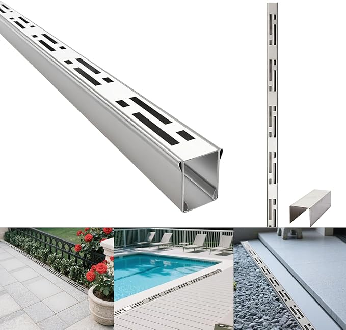 Pool Deck Drain Channel, 1-7/16" W x 3.3' L, 304 Stainless Steel Channel Drain Outdoor, Deck Drainage System with Coupling, Trench Drain System for Pool Decks, Patios,Walkways, Courtyards, Paver.