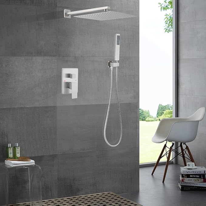 Brushed Nickel Shower System 12 Inch Bathroom Luxury Rain Mixer Shower Combo Set Wall Mounted Rainfall Shower Head and Handheld System Shower Faucet Set Rough-in Valve Body and Trim Kit
