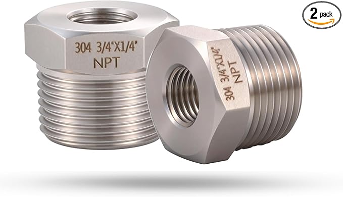 2 Pcs 3/4" Male NPT to 1/4" Female NPT Reducer Hex Bushing，304 Stainless Steel Pipe Fitting Hex Bushing, Heavy Duty Pipe Fitting Reducer Adapter