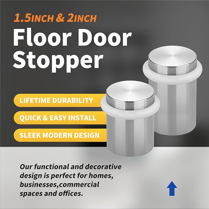 Floor Door Stopper Door Stop-Classy Solid Steel Modern Heavy Duty Door Stoppers -Floor Mount Anchor Screw-Wall Protector for Commercial Door(Stainless Steel White, 1.5 Inch)