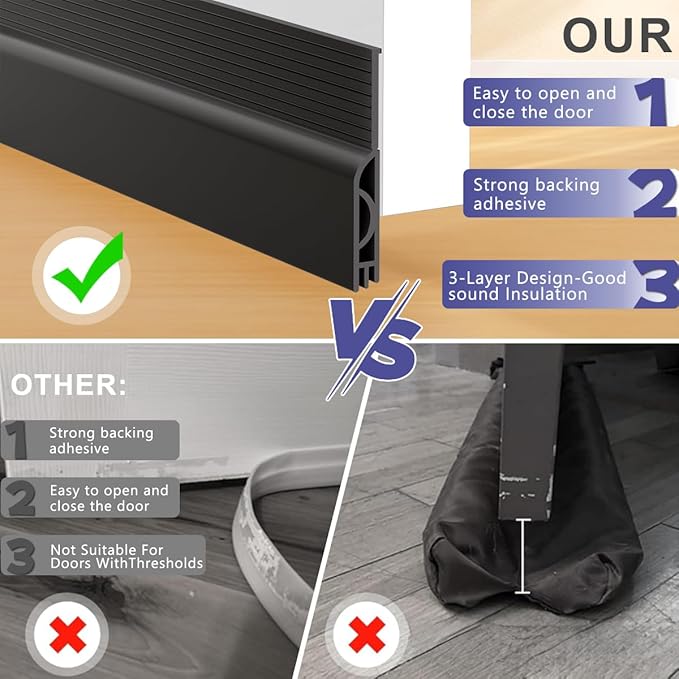 Door Draft Stopper,Adjustable Door Sweep for Bottom of Door,Silicone Weather Stripping Door Bottom Seal Blocker Air Noise,Under Door Gap Filler for Interior/Exterior Doors(Black, 78inch)