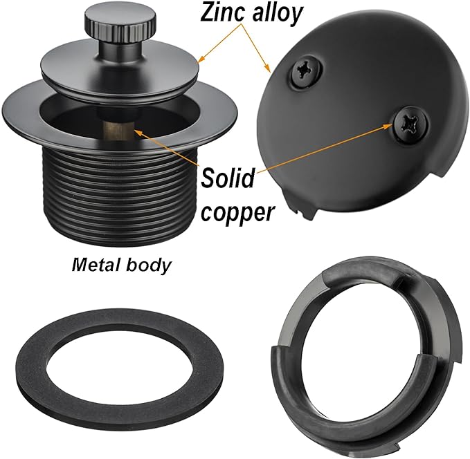 (1 Pack) Yariwiz 1-1/2" Matte Black Bathtub Tub Drain Kit Bath Waste Overflow Drain Tube Assembly with Universal Lift & Turn Bathtub Drain and Overflow Faceplate Matte Black