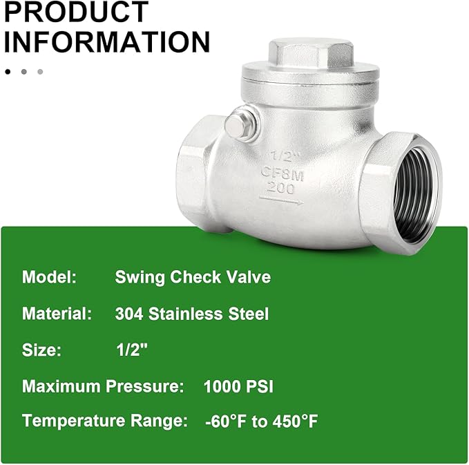 TAISHER 1PCS 304 Stainless Steel 1/2" Female Swing Check Valve，Backflow Prevention, One Way Check Valve CF8 WOG 1000