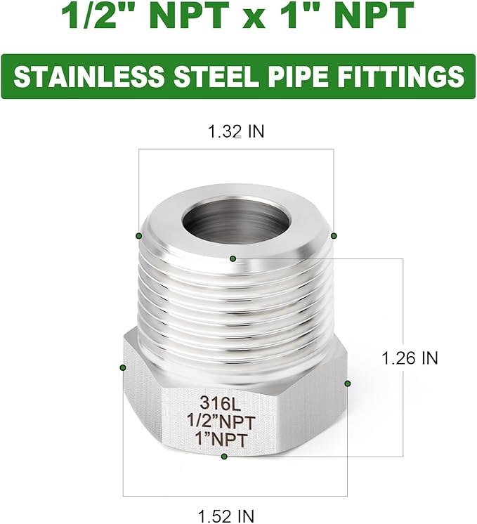 TAISHER 2PCS Forging of 316L Stainless Steel Reducer Hex Bushing, 1" Male NPT to 1/2" Female NPT, Reducing Forging Pipe Adapter Fitting