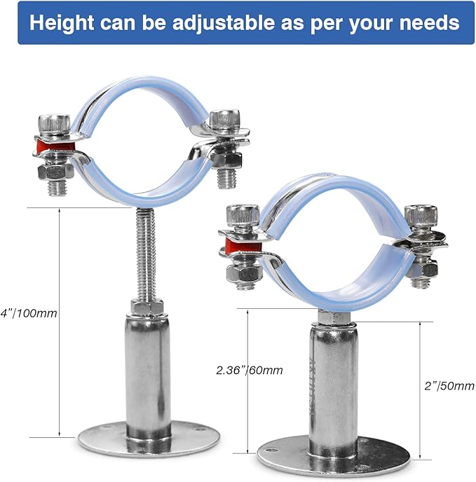 AKIHISA 2 Pcs 304 Stainless Steel Pipe Supports, Wall Mount Ceiling Mount Pipe Hanger, Pipe Holder for OD Pipe 51-57MM Adjustable Height Range 50-100mm