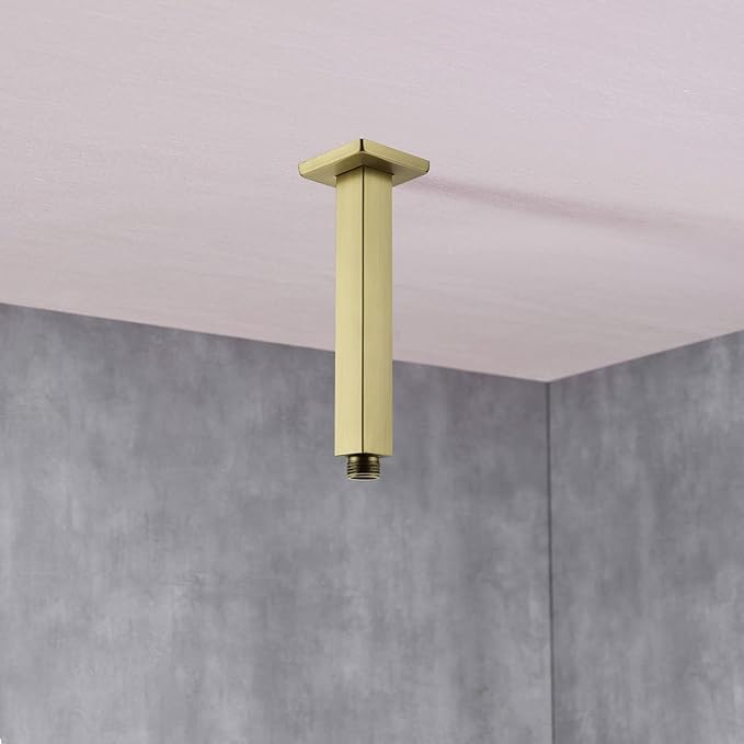 Brushed Gold Shower Arm with Flange 6 Inch Straight Stainless Steel Top Rainfall Shower Head Extension Pipe Square Shaped