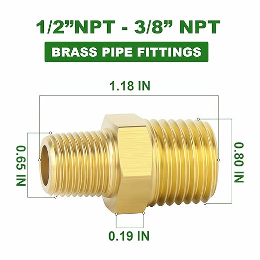 TAISHER 5PCS Brass Pipe Fitting, Reducer Adapter, Hex Nipple, 1/2-Inch Male Pipe x 3/8-Inch Male Pipe