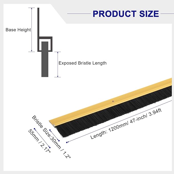 uxcell 2Pcs Door Brush Bottom Sweep H-Shape Aluminum Alloy Base with 1.2-inch PP Brush for Home, Industrial (47-inch L, Golden)