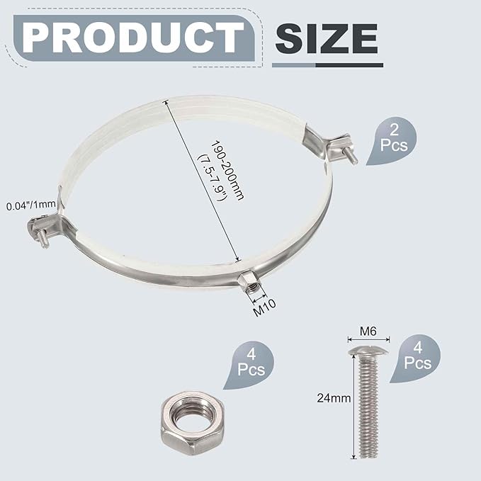 HARFINGTON 2pcs 201 Stainless Steel 7.5-7.9"/190-200mm Split Ring Pipe Hanger Pipe Strap Clamp Split Ring Hanger with Rubber for Tubing Shower Curtain Tiki Torch, Silver Tone