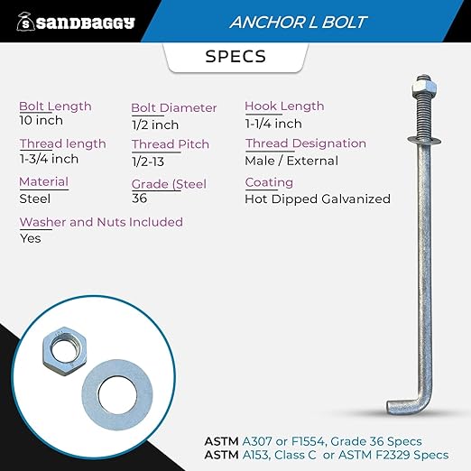 Sandbaggy 1/2" X 10" Threaded Concrete Anchor L-Bolts (Nuts & Washers Included) - Hot Dipped Galvanized - Sill Plate, Base Plate, Masonry, Wood, Cement Anchors, J Bolt (100, 1/2" x 10")