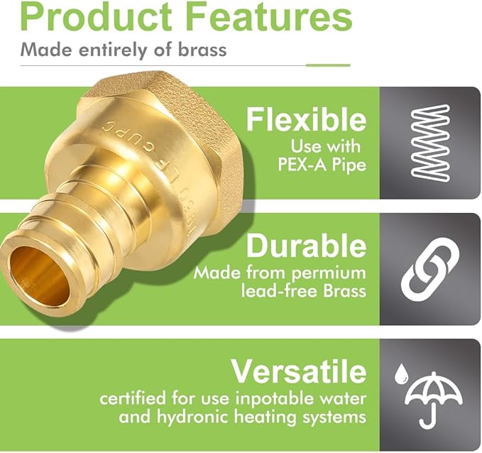 10 Pack ORIANSE 1/2" Pex-A Female Adapter, 1/2" NPT to 1/2" PEX Brass Expansion PEX-A Fittings,Zero-Lead Brass NSF/ANSI 61 NSF 372 Certificate, ASTM F1960 Certified