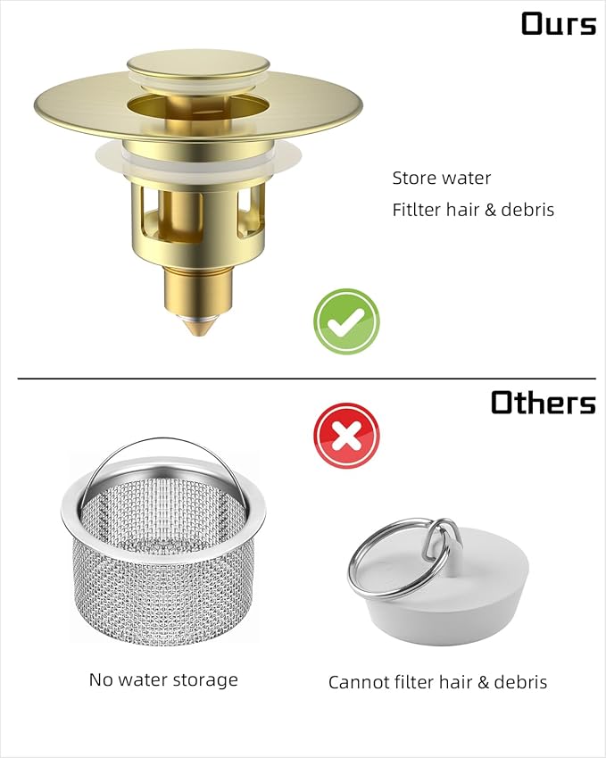 Hibbent All Metal Universal Bathroom Sink Stopper for 1.1''~2.3'' Basin, Pop Up Sink Drain Strainer, Brass Bullet Core Push Type Stopper, Stainless Steel Anti Clogging Drain Filter, Brushed Gold