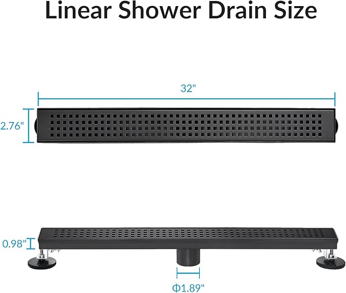 32 Inch Removable Cover Linear Shower Drain 304 Stainless Steel Rectangular Floor Drain for Kitchen Bathroom Square Hole Drain with Accessories Hair Strainer Adjustable Leveling Feet (Matte Black)