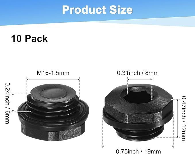5-Pack Inner Hex Head Pipe Plug End Cap, M16x1.5mm Nylon Garden Hose Stopper Connector Plug with Sealing Ring for Terminating Pipe Ends [Black]