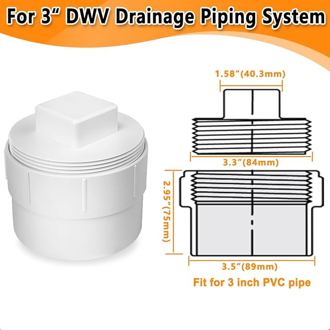 3" PVC Sewer Cleanout Cap, DWV Sewer Cleanout Cap Adapter with Plug for Drainage Pipe Fitting