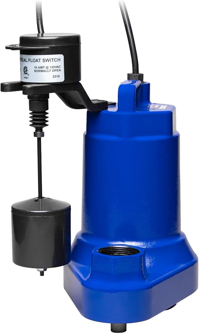 JACKEL 1/2 HP CAST IRON SUBMERSIBLE SUMP PUMP - VERTICAL SWITCH - 10FT PIGGYBACK POWER CORD - CHECK VALVE INCLUDED
