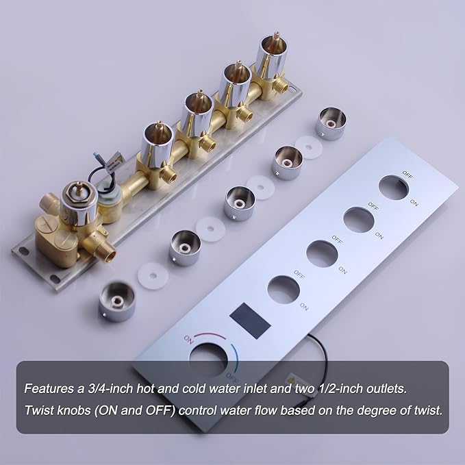 Shower Valve Concealed Shower Mixing Faucet with Temperature Display Function, Flow Control Brass Diverter Valve Kit, 4 Function Can Be Activated Simultaneously, Chrome