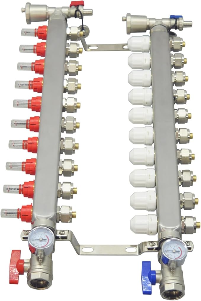 10 Branch PEX Radiant Floor Heating Manifold Set Floor Heating Water Distributor 1/2" Pipe Adapter 304 Stainless Steel and Brass, for Heating Systems