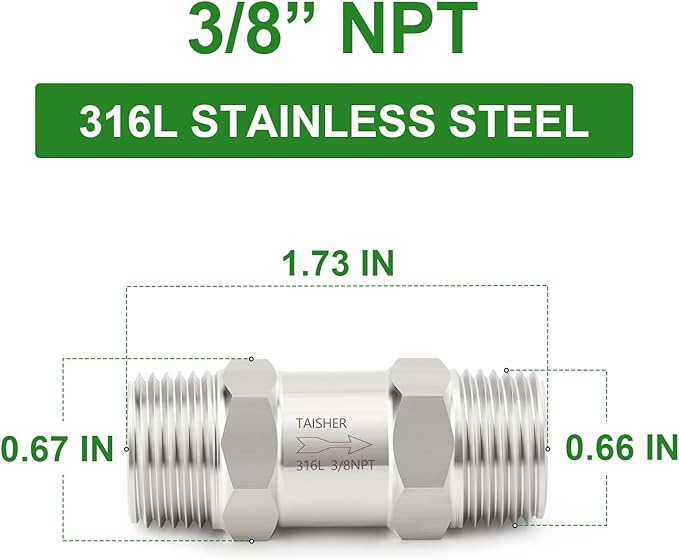 TAISHER 1PCS 316L Stainless Steel 3/8" NPT Male Check Valve,Backflow Prevention,One Way Non-Return Check Valves