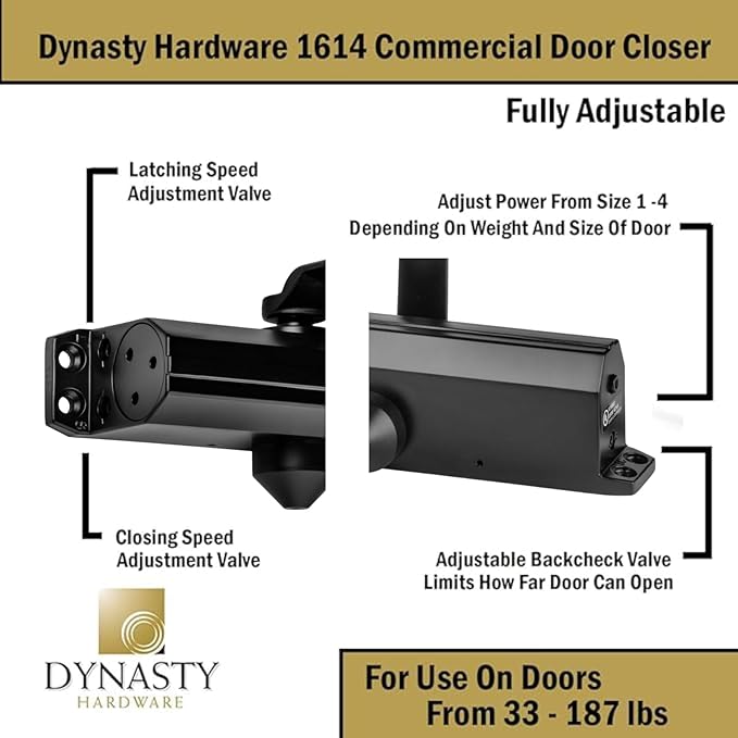 Dynasty Hardware Door Closer, Grade 1 Heavy Duty Commercial Hydraulic Closer, Self-Closing, Adjustable Spring Size 1-4, ADA Compliant, Surface Mount, Black, Series 1614
