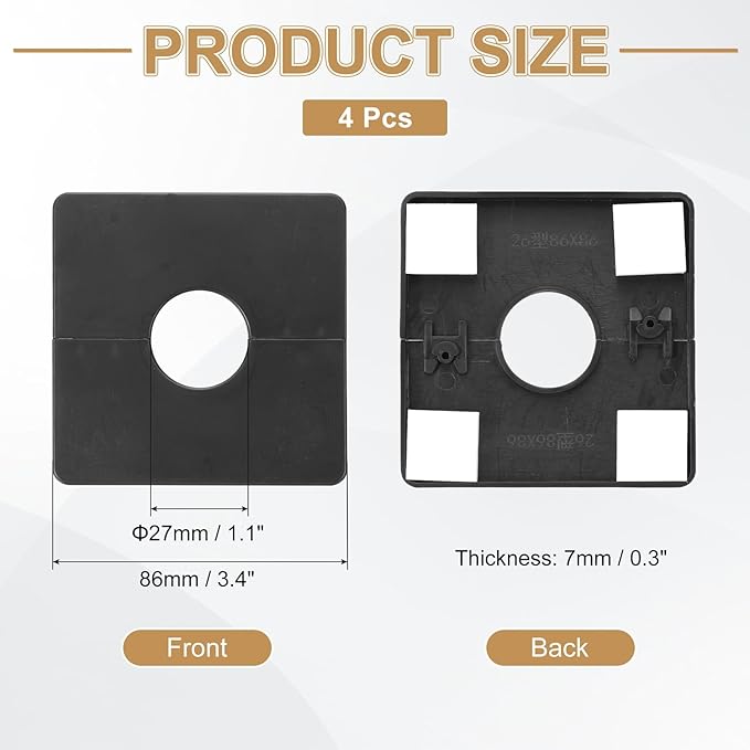 PATIKIL Wall Split Flange 86mm / 3.4" OD, 4 Pcs Square Escutcheon Plate Cover PPR Plumbing Cover Plates with Self-Adhesive Tape for 27mm / 1.1" Dia Water Pipe Faucet, Black
