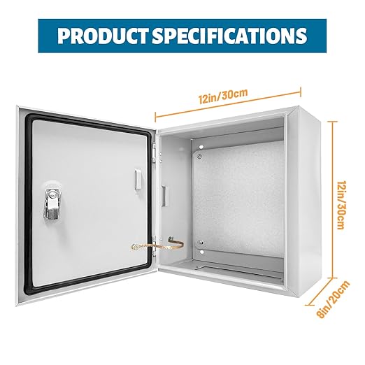Outdoor Electrical Box 12x8x12'' Steel Electrical Junction Box NEMA 4X Enclosure Indoor&Outdoor Electrical Enclosure Box Waterproof & Dustproof Cold-Rolled Carbon Steel Hinged Junction Box