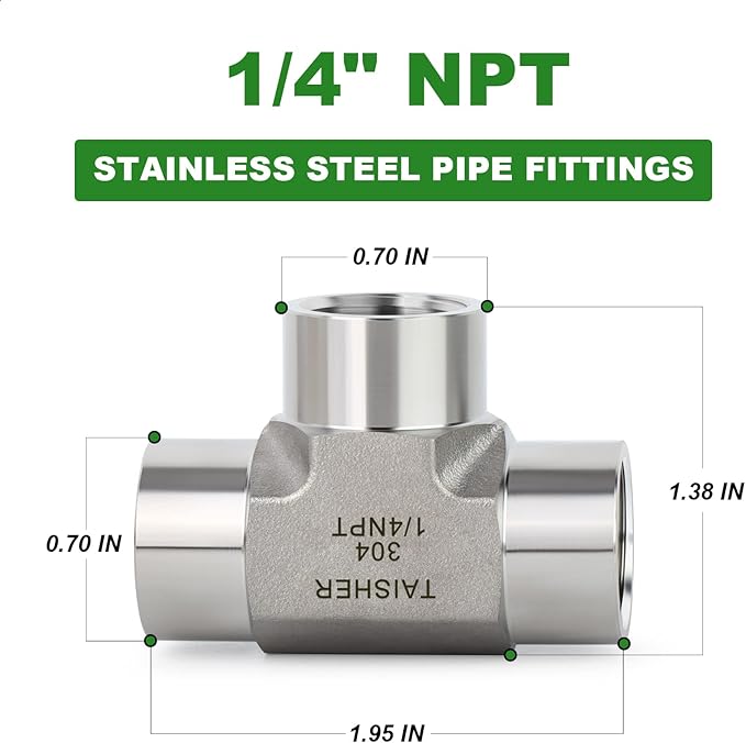 TAISHER 1PCS Forging of 304 Stainless Steel Tee Pipe Fittings, 1/4" x 1/4" x 1/4" NPT Female Pipe Fittings
