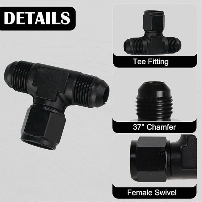 6AN Male Tee Fitting Adaptor with AN6 Female Swivel on Side Black