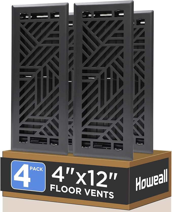 4x12 Inches 4 Pack Heavy Duty Walkable Floor Register Easy Adjust Air Supply Lever Floor Vents - Brooklyn Design - Vent Cover for Home Floor - Matte Black