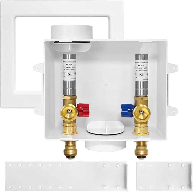1-Pack HeSun Washing Machine Outlet Box, 1/2 Inch Push-Fit Inlet x 3/4 Inch MHT Outlet, Push to Connect Pex Washer Box with Center Drain,with Stainless Steel Arrestor(WM010)