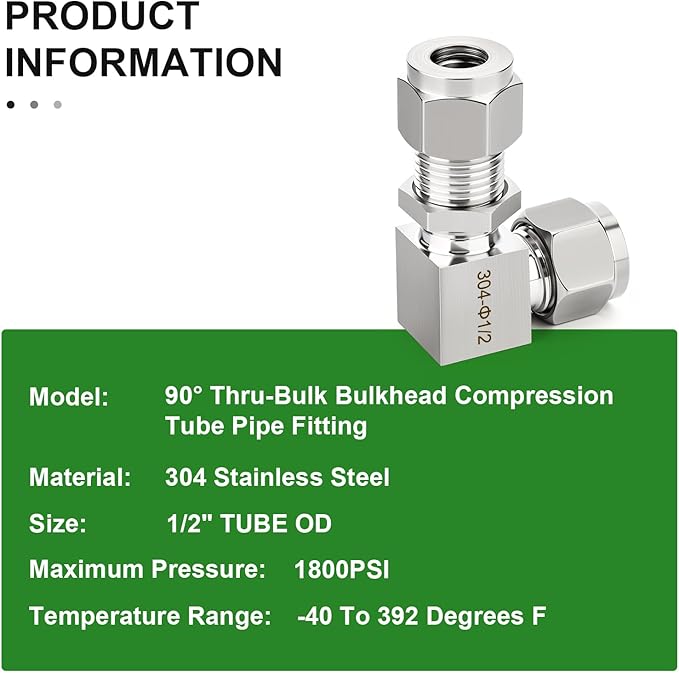 TAISHER 1PCS 304 Stainless Steel 90 Degree Thru-Bulk Bulkhead Compression Tube Pipe Fitting Connector, 1/2" Tube OD x 1/2" Tube OD Straight Adapter