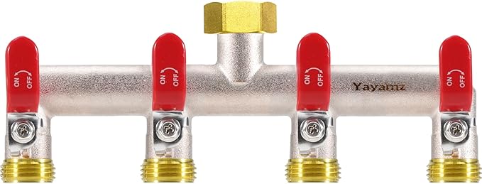 4 Way Garden Hose Splitter, Heavy Duty Brass Nickel Plated Rust Resistant Faucet Manifold, 3/4" Frost Resistant Outdoor Hose Adapter Connector，Hose Spigot Adapter with 4 large red handles