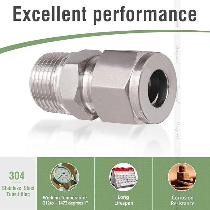 Stainless Steel 304 Compression Fitting to connect 3/8 inch OD tube x 3/8 NPT Male thread Coupler, for brass copper stainless steel tubing