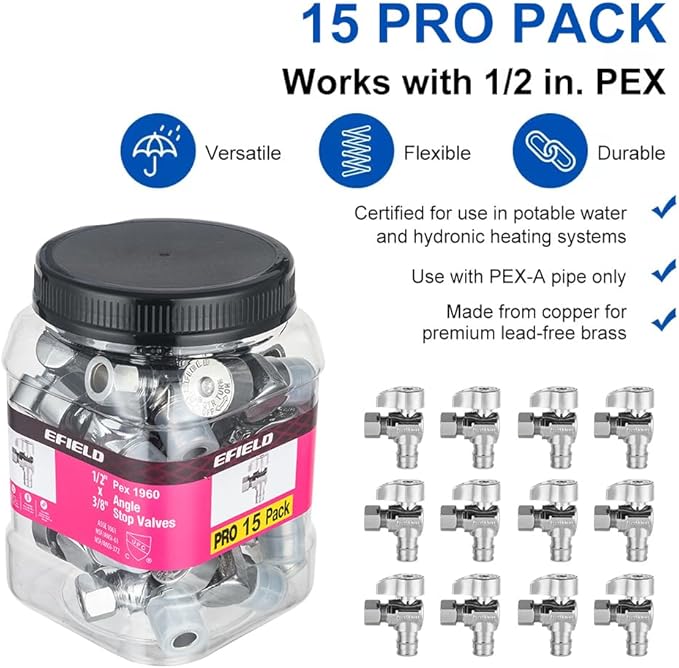 Pro 15-Pack EFIELD Stop Angle Valve Pex-A 1/4 Turn, 3/8" OD Compression X 1/2" Pex-A Expansion, Chrome Plated LF Brass, Heavy Duty,(VALVE379)